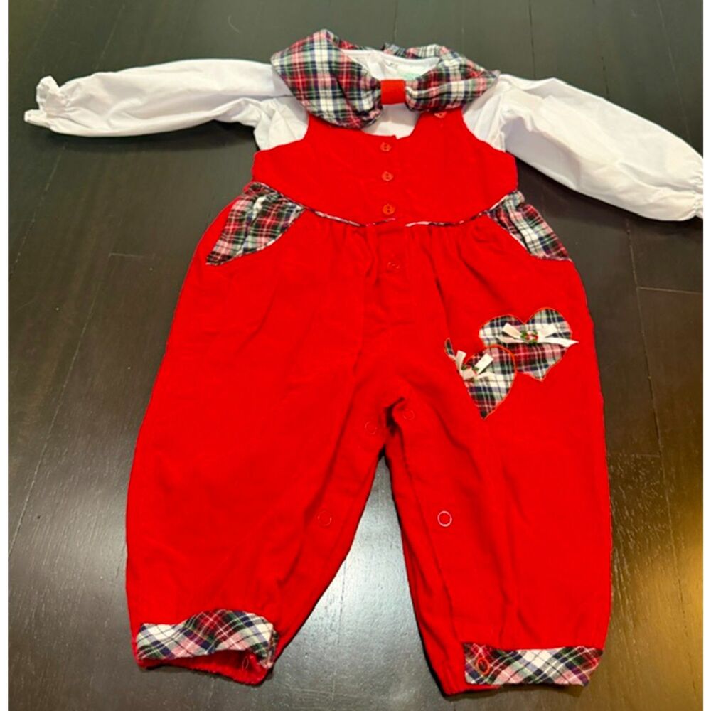 Christmas Two-Piece Red Corduroy Bib Overalls with Undershirt
